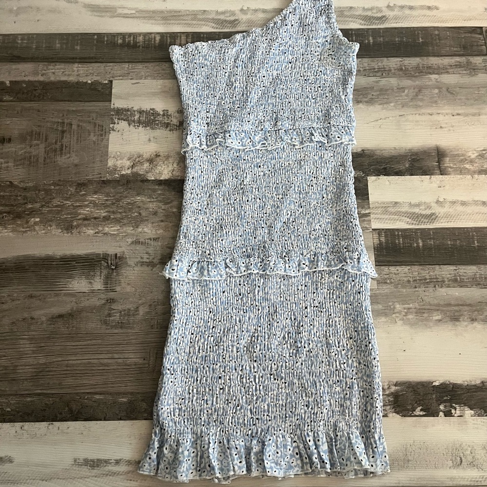 One-Shoulder Blue Ruffle Dress - Picture 2 of 6